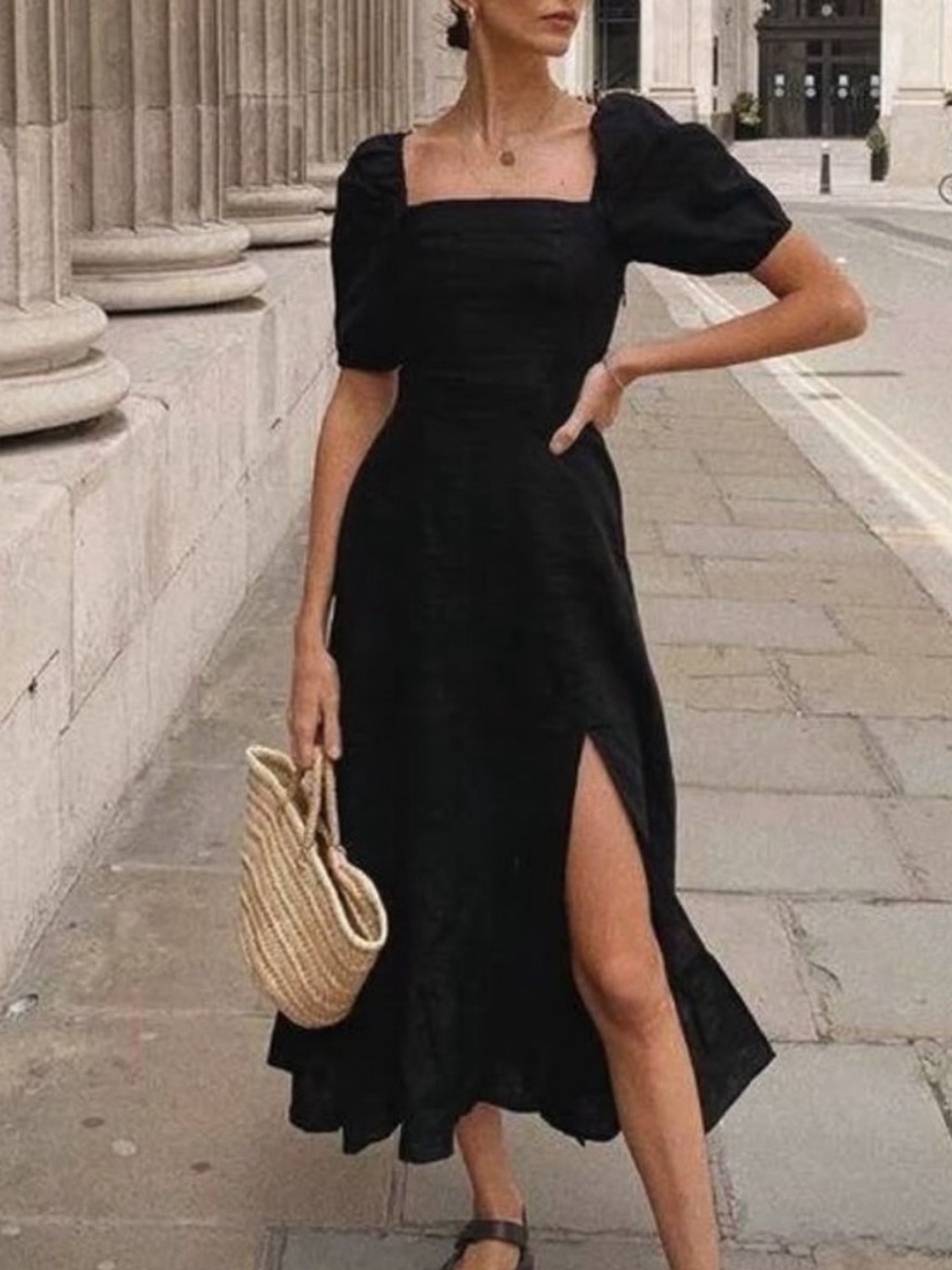 Astr Poplin Black Tiered Side Slit Smocked Puff Sleeve Midi Dress Black Size M